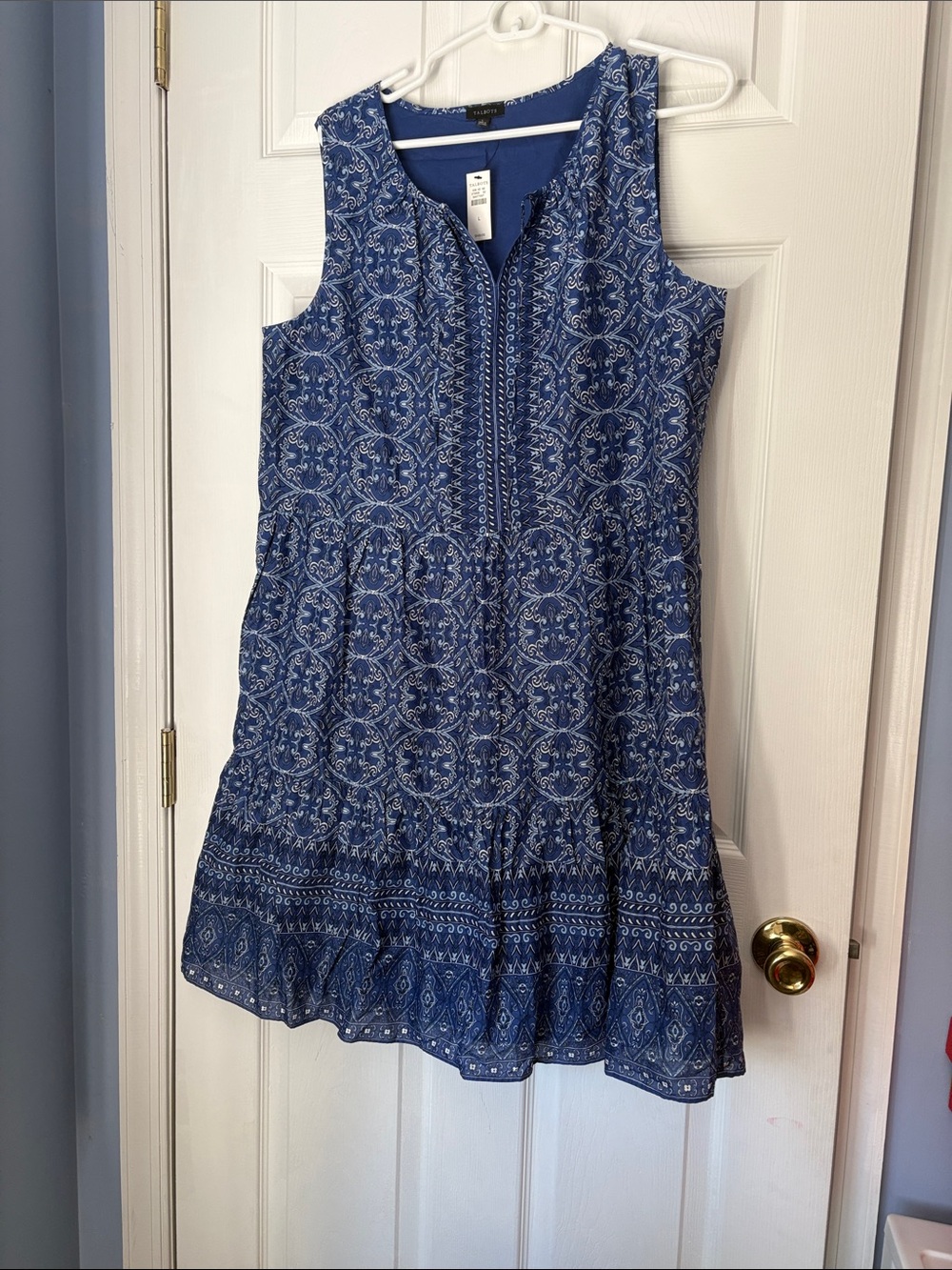 Talbots Blue Printed Sleeveless Tiered Dress